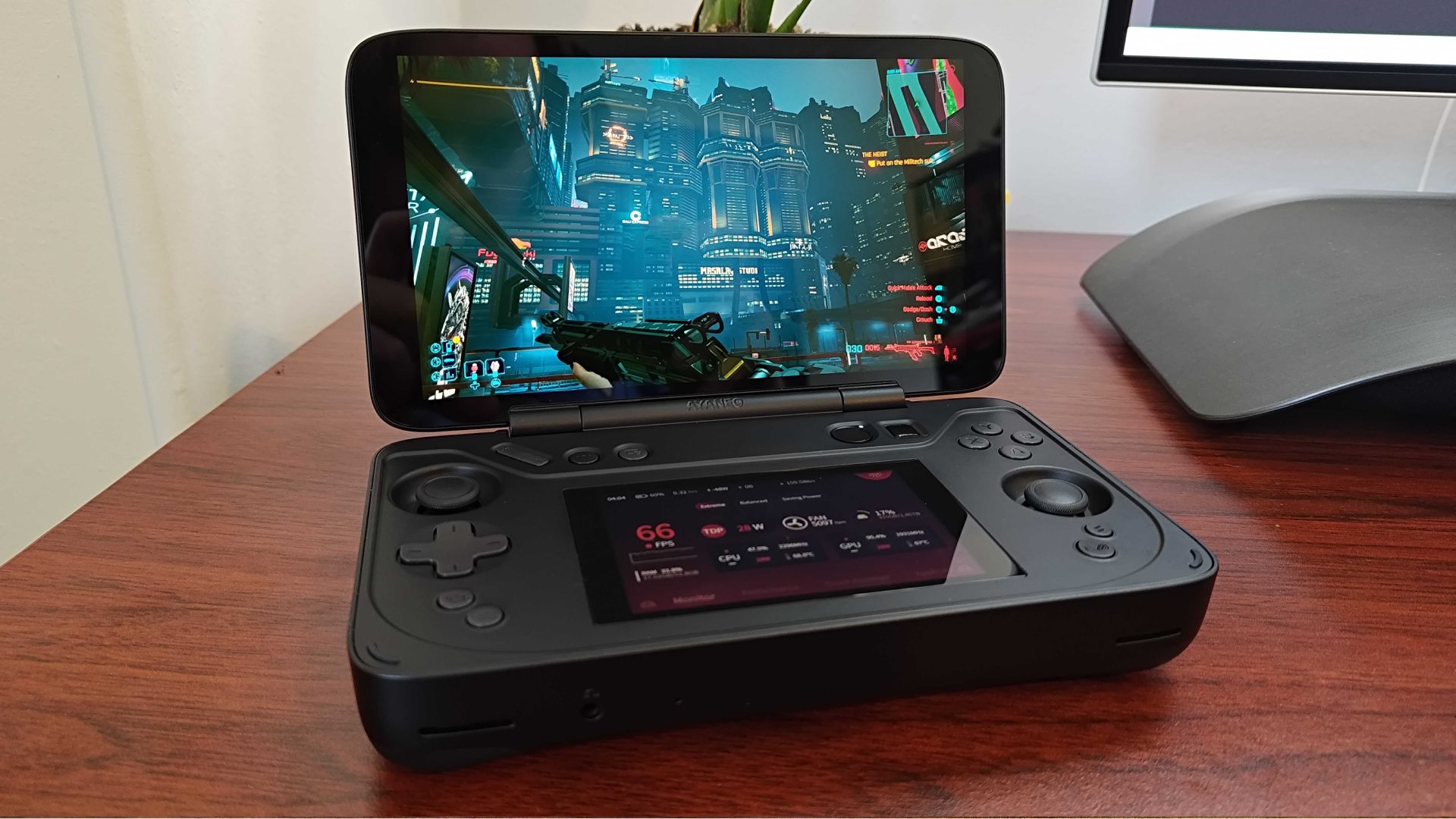 Ayaneo Flip DS with Cyberpunk 2077 gameplay on screen