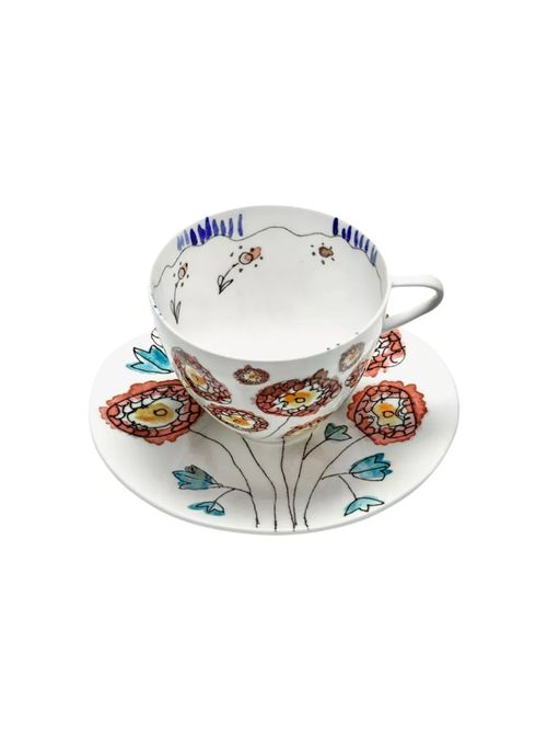 Anemone Milk Flower-Motif Bone-China Cappuccino Cup and Saucer, Set of 2