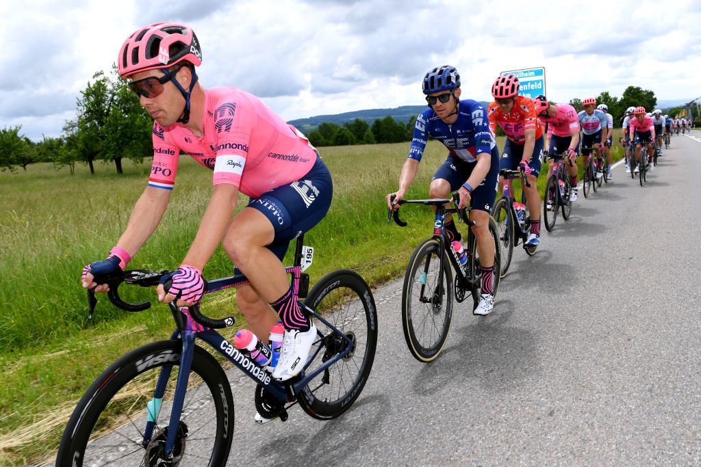 LACHEN SWITZERLAND JUNE 07 Sebastian Langeveld of Netherlands Alex Howes of United States Thomas Scully of New Zealand and Team EF Education Nippo Orange Mountain Jersey during the 84th Tour de Suisse 2021 Stage 2 a 178km stage from Neuhausen am Rheinfall to Lachen UCIworldtour tds tourdesuisse on June 07 2021 in Lachen Switzerland Photo by Tim de WaeleGetty Images