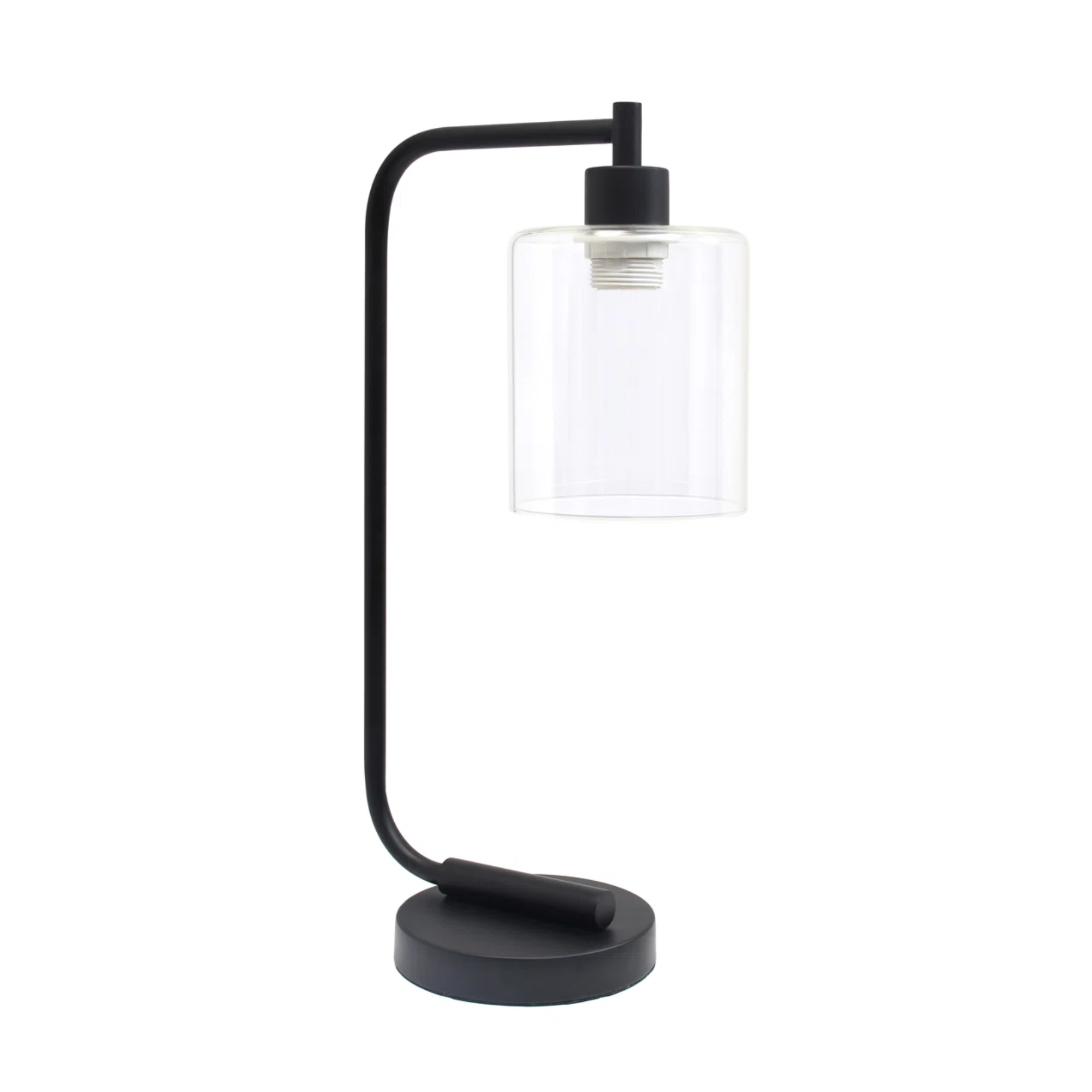 a black table lamp with a clear shade