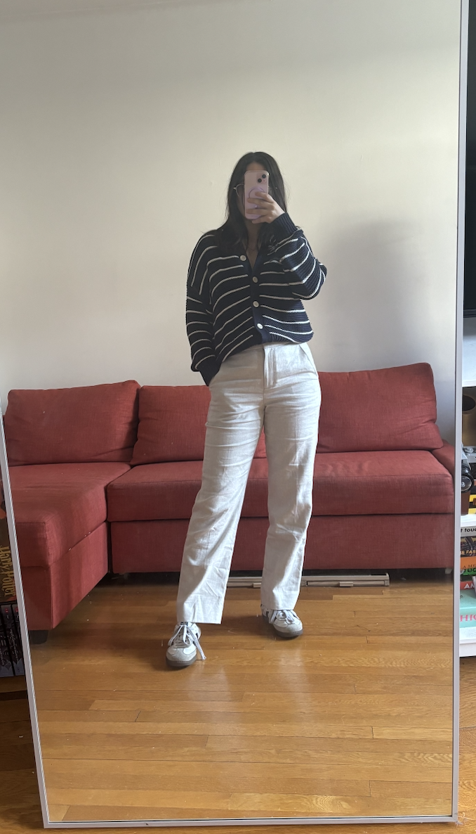 Fashion E-Commerce Editor Julia Marzovilla styling linen pants and a striped sweater from J.Crew