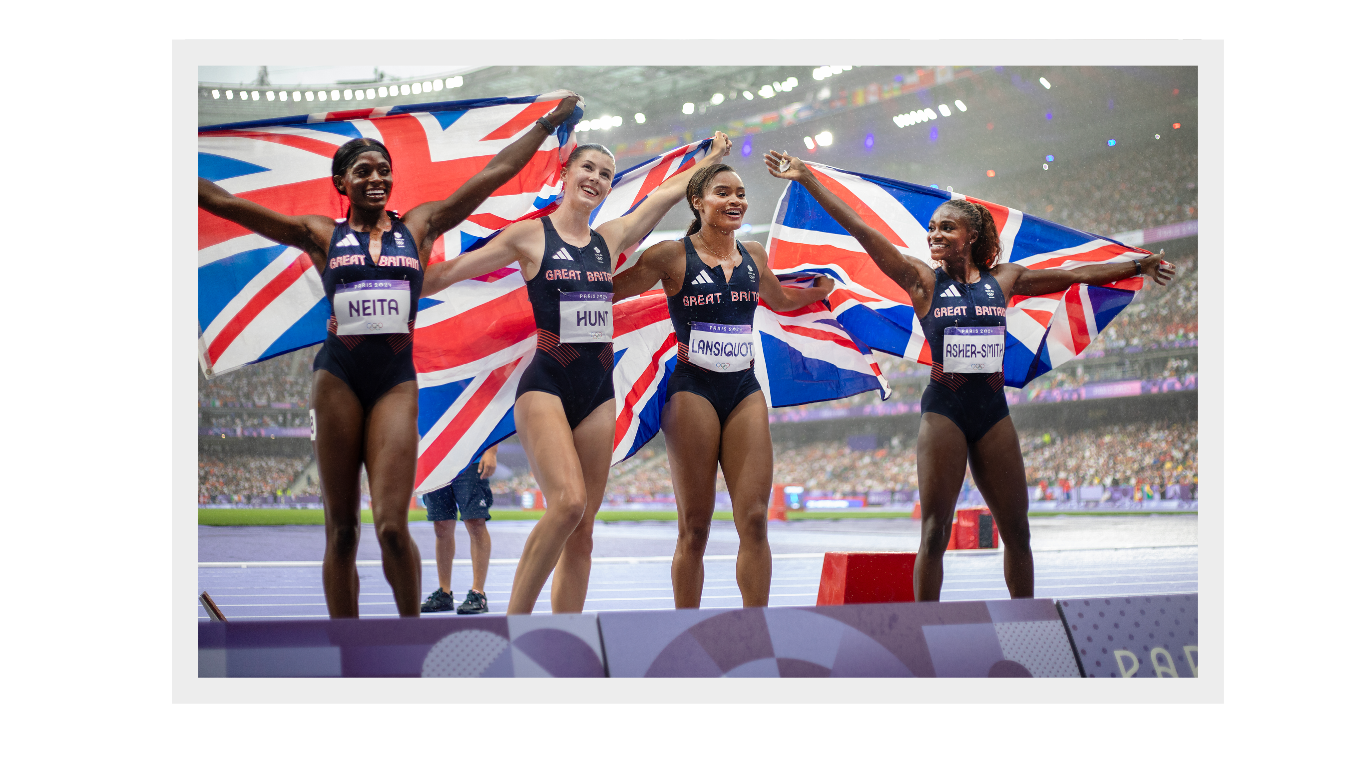 The Great Britain Women's 4 x 100m Relay silver medal winning team of Daryll Neita, Amy Hunt, Imani Lansiquot and Dina Asher-Smith