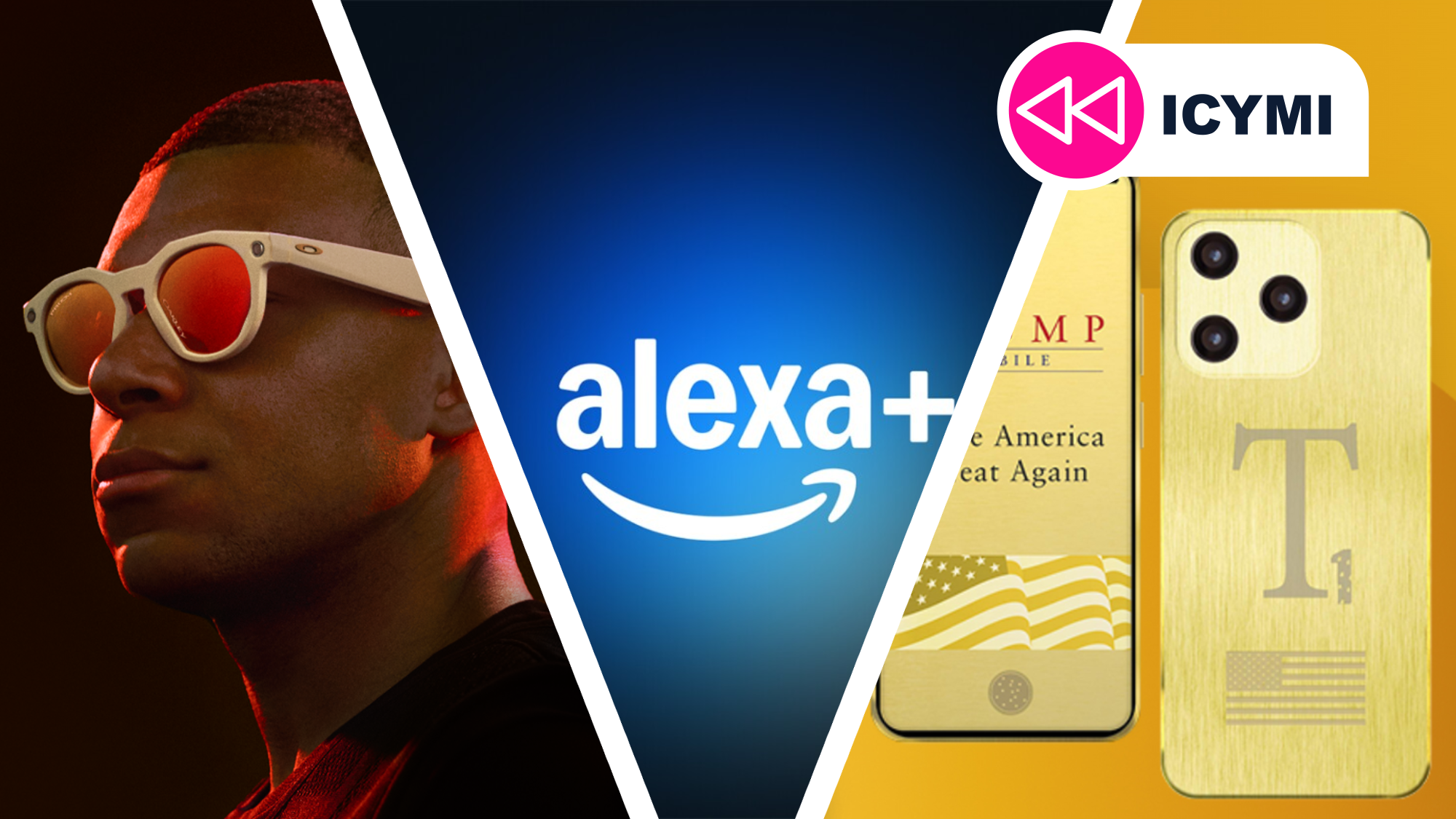 The Oakley Meta glasses, Alexa+ logo, and the Trump Mobile