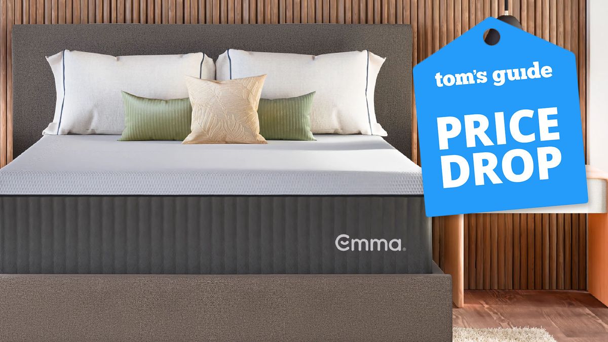 A close up of the Emma Hybrid Cooling Elite Mattress in a bedroom, a Tom&#039;s Guide Price Drop deals graphic (right)