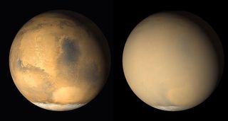 Mars before (left) and during (right) a dust storm.