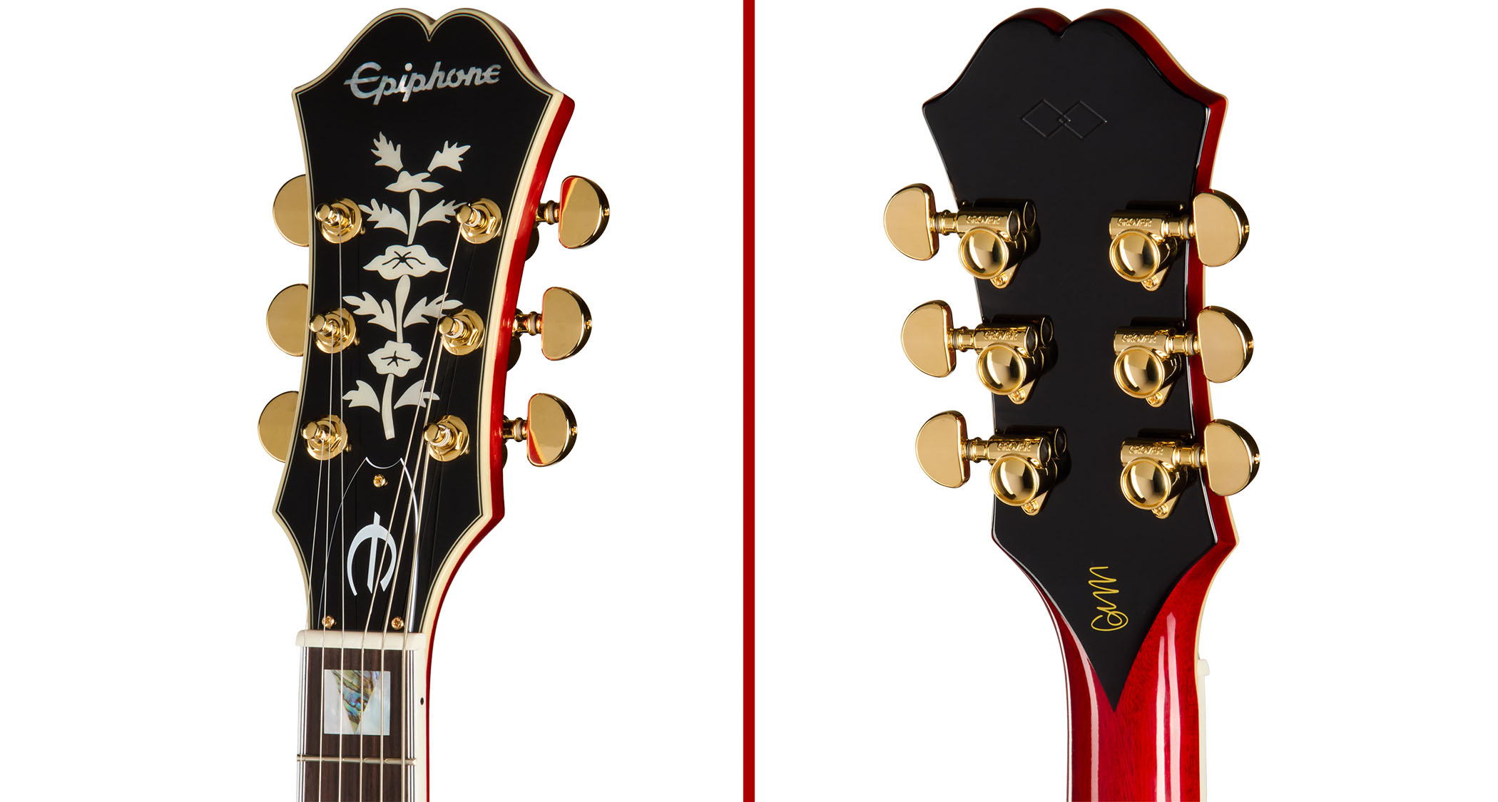 Epiphone Masterbilt Gem Archer Sheraton: this cherry red doozie honours the Oasis guitarist with a top-line build featuring Gibson USA mini-humbuckers.