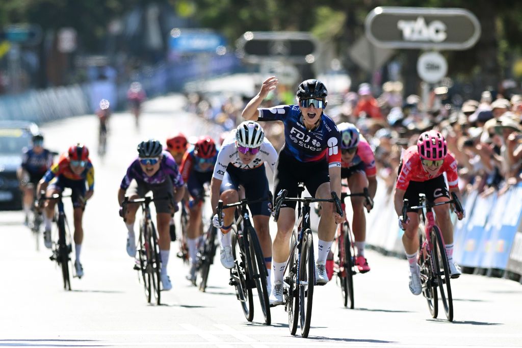 GEELONG AUSTRALIA FEBRUARY 01 Ally Wollaston of New Zealand and Team FDJ Suez celebrates at finish line as race winner ahead of Noemi Ruegg of Switzerland and Team EF EducationOatly and Karlijn Swinkels of The United Kingdom and UAE Team ADQ during the 9th Cadel Evans Great Ocean Road Race 2025 Womens Elite a 1418km one day race from Geelong to Geelong UCIWWT on February 01 2025 in Geelong Australia Photo by Dario BelingheriGetty Images