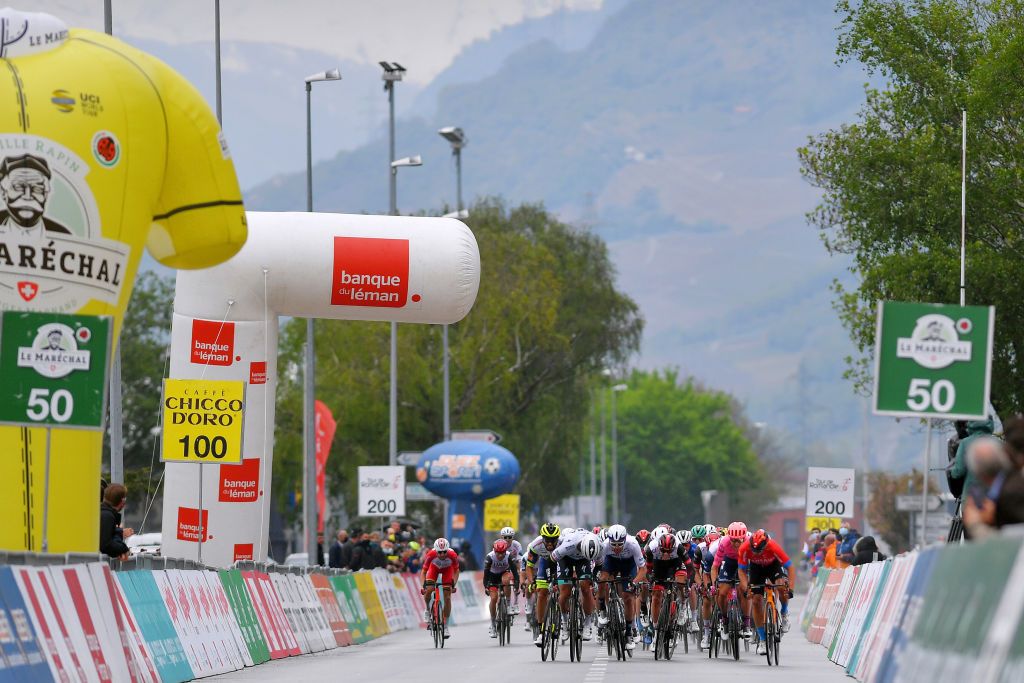MARTIGNY SWITZERLAND APRIL 28 Peter Sagan of Slovakia and Team Bora Hansgrohe Sonny Colbrelli of Italy and Team Bahrain Victorious Patrick Bevin of New Zealand and Team Israel StartUp Nation Andrea Pasqualon of Italy and Team Intermarch Wanty Gobert Matriaux Alessandro Covi of Italy and UAE Team Emirates Magnus Cort Nielsen of Denmark and Team EF Education Nippo Dion Smith of New Zealand and Team BikeExchange Clement Venturini of France and AG2R Citren Team sprint at arrival during the 74th Tour De Romandie 2021 Stage 1 a 1681km stage from Aigle to Martigny TDR2021 TDRnonstop UCIworldtour on April 28 2021 in Martigny Switzerland Photo by Luc ClaessenGetty Images