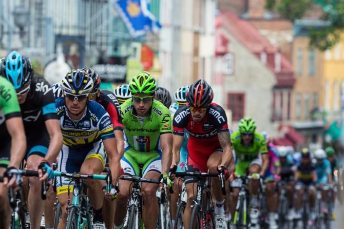 Slovakian champion Peter Sagan (Cannondale) tucked into the Grand Prix Cycliste de Qu&eacute;bec peloton