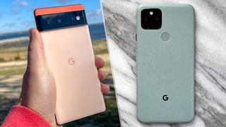 Google Pixel 6 (left) and Pixel 5 (right). The rear of each phone is shown.