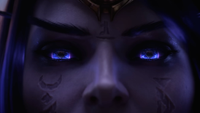 Xal'atath stares, unimpressed, in a close-up of her void-ridden eyes in the World of Warcraft: Midnight trailer.