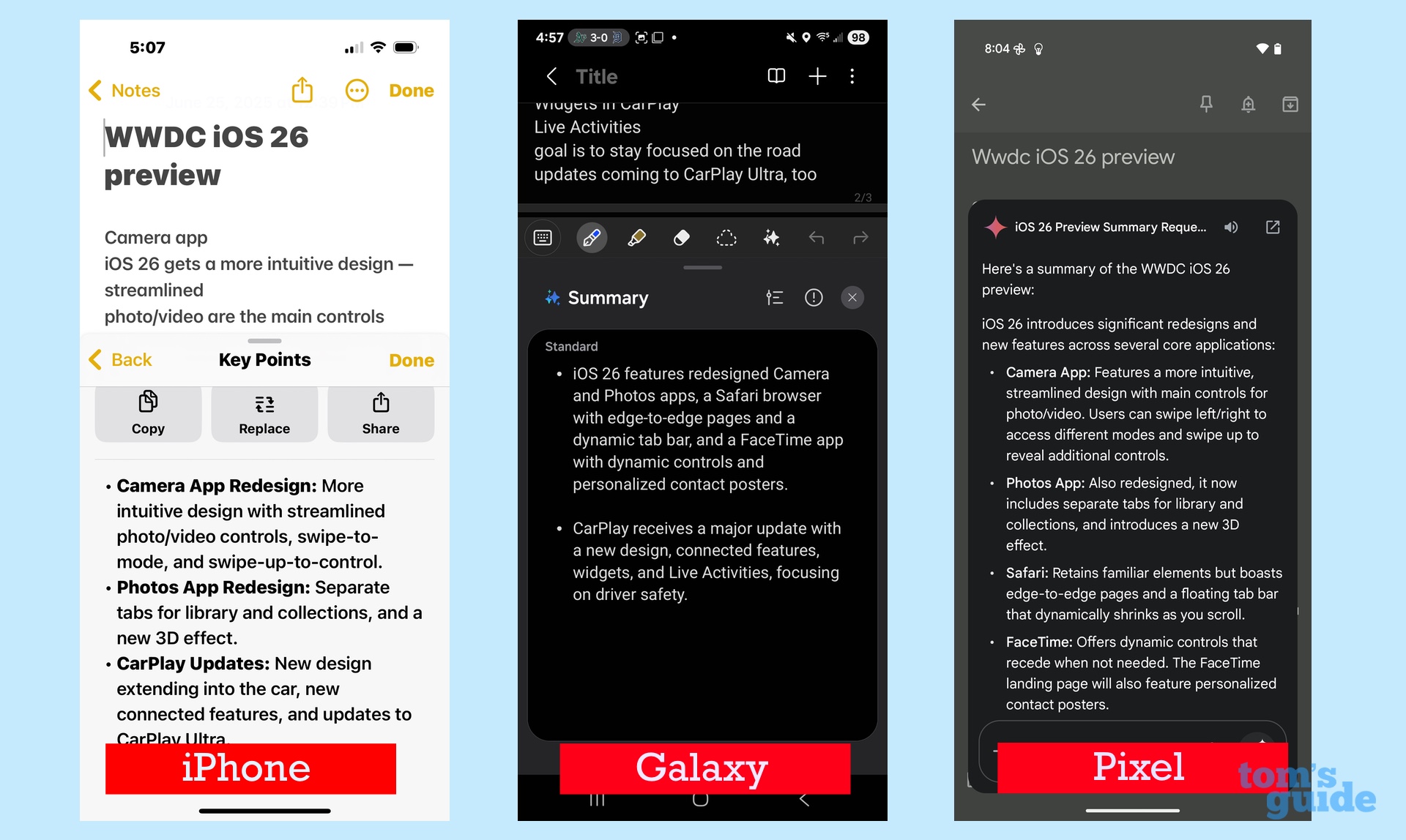 Note summaries generated by ai on iPhone galaxy and Pixel phones