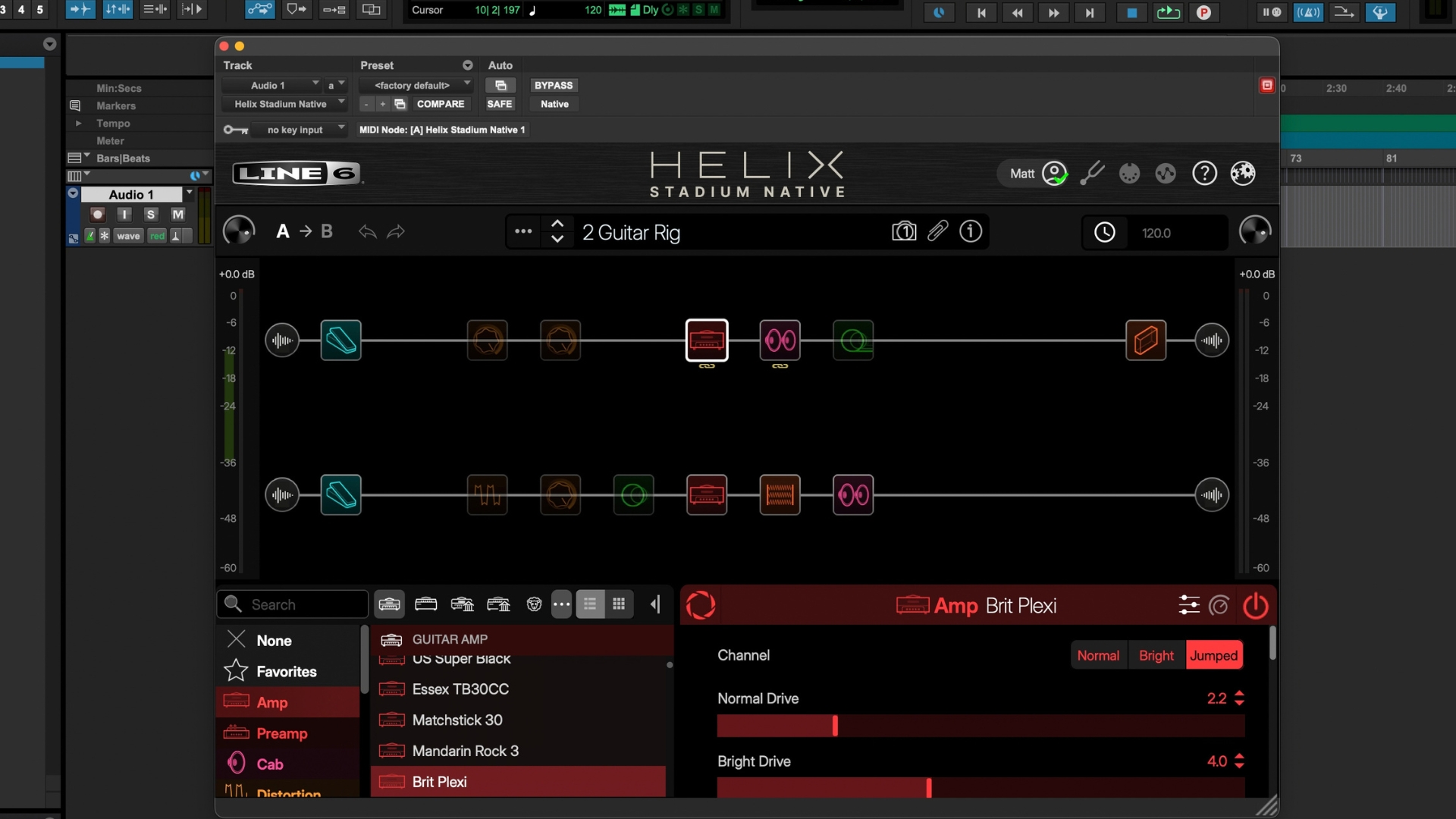 A screenshot of Line 6 Helix Stadium Native amp sim software