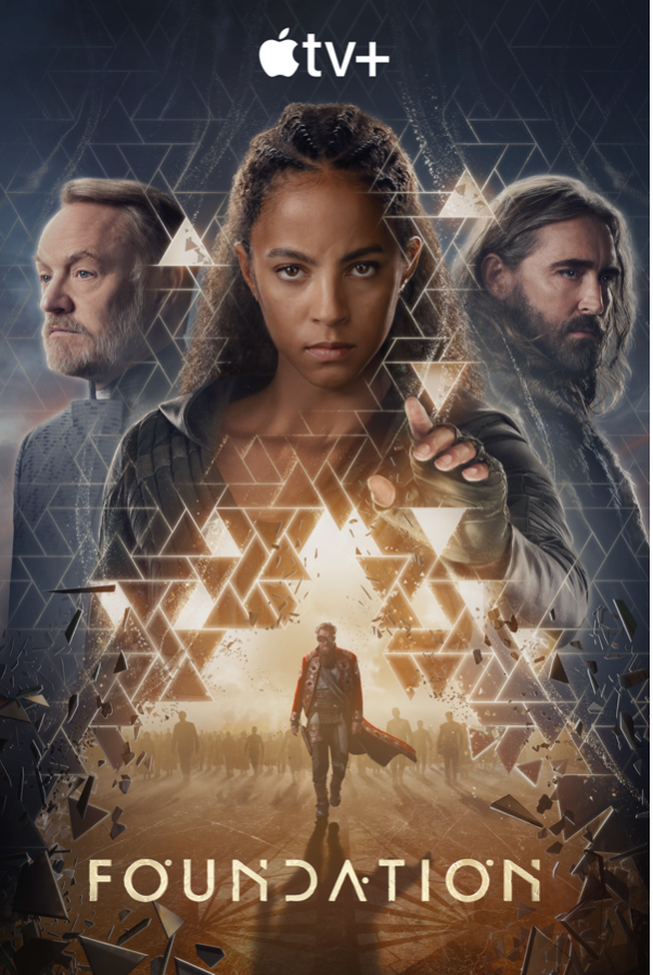 Four figures on a gold and silver sci-fi poster background