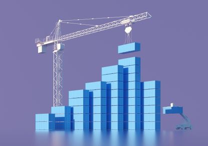 Digital generated image of crane building rising bar graph made of containers on purple background