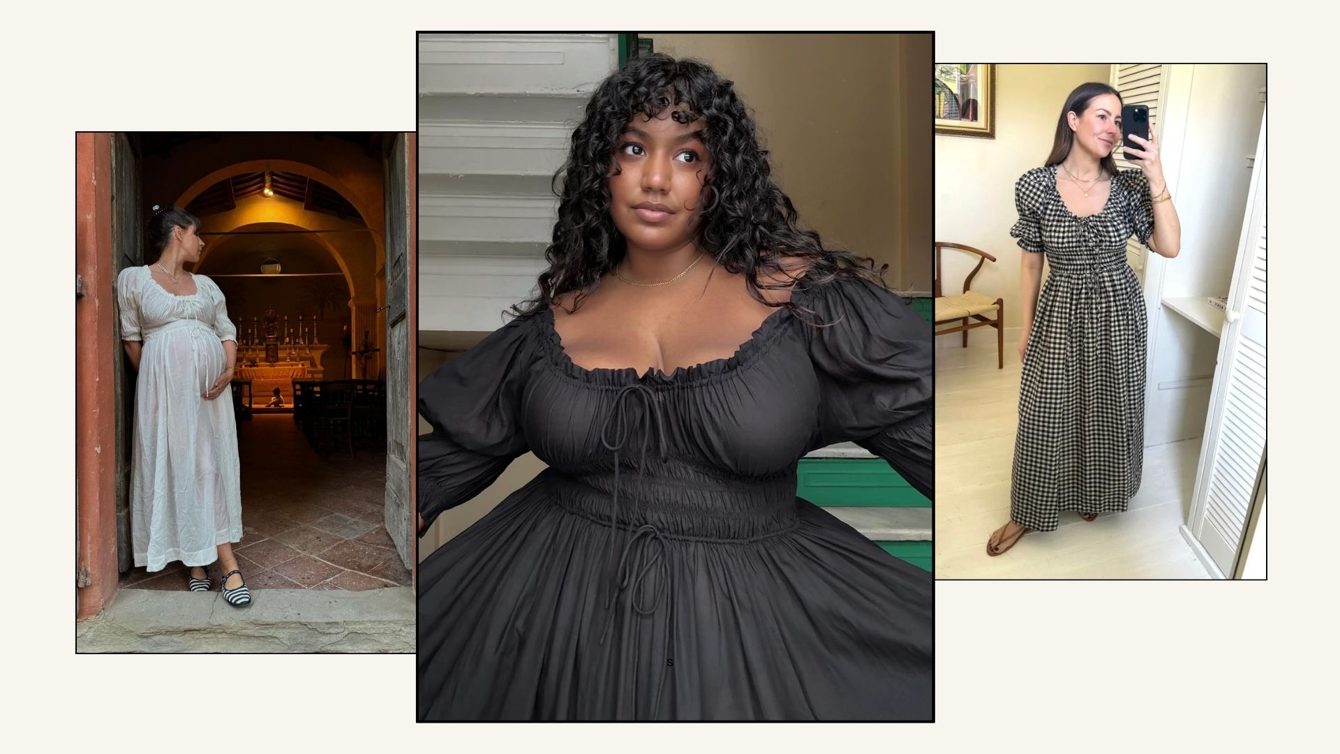Three women wears smocked Ischia dresses from Doen