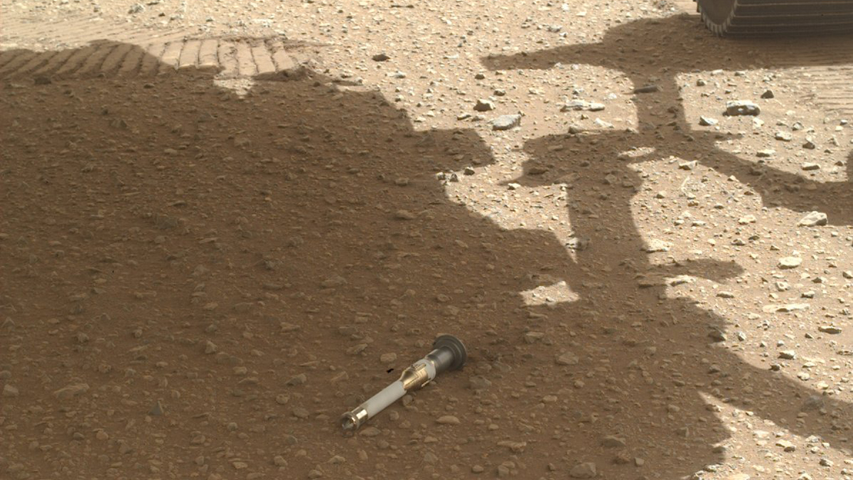 One of the sample tubes dropped by NASA's Perseverance Mars rover at a storage site in Jezero Crater.