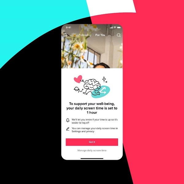 TikTok's new daily screen time limit settings for parents and teens.