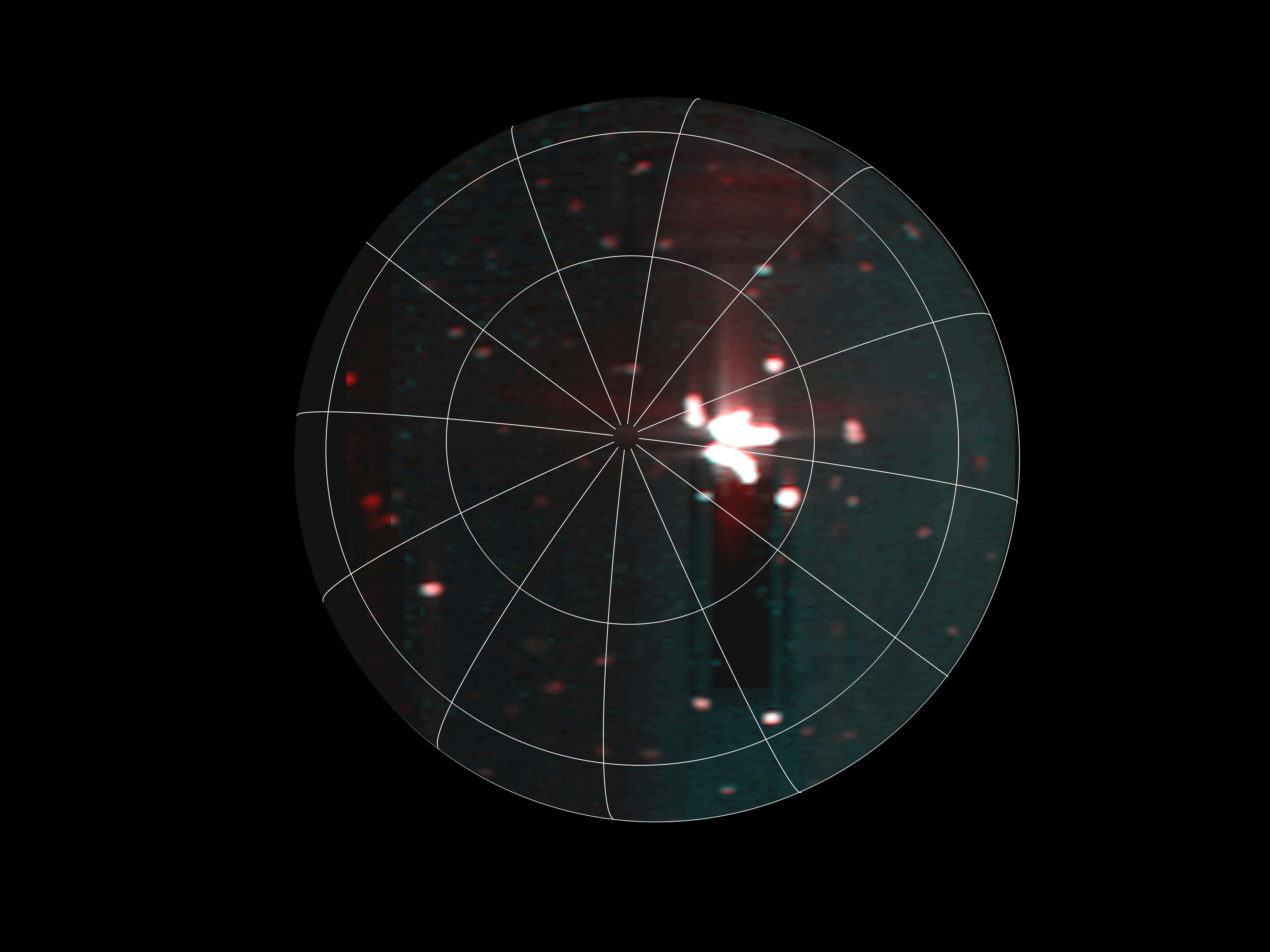 An orb with lines showing that the hotpot is located just to the right of the moon's south pole.