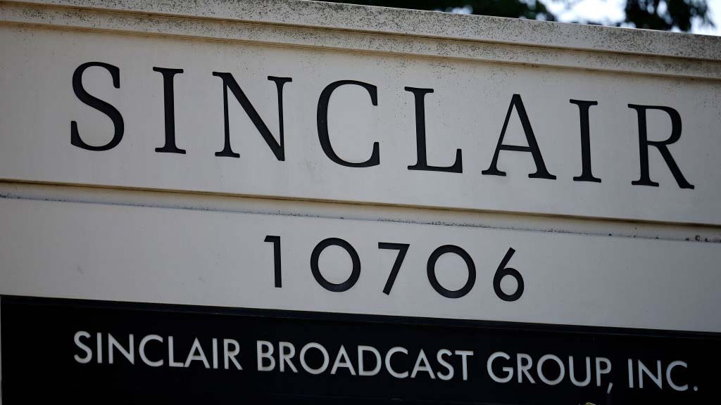COCKEYSVILLE, MARYLAND - JULY 17: The sign for Sinclair Broadcast Group, Inc. is seen near their headquarters on July 17, 2024 in Cockeysville, Maryland. Sinclair is the second-largest television station operator in the U.S., with 193 stations across the country in over 100 markets. (Photo by Kevin Dietsch/Getty Images)