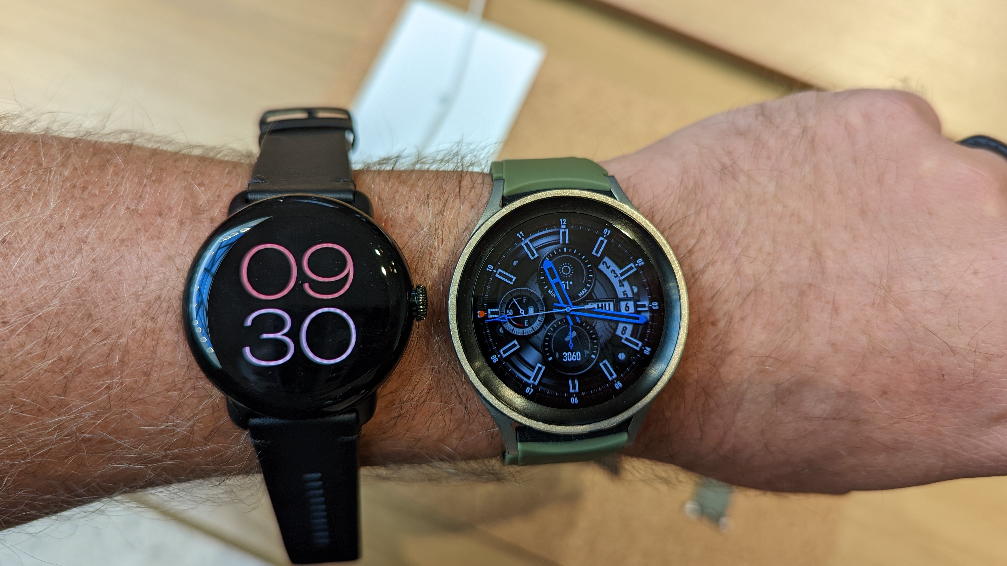Google Pixel Watch compared with the Samsung Galaxy Watch 5 Pro at the hands-on
