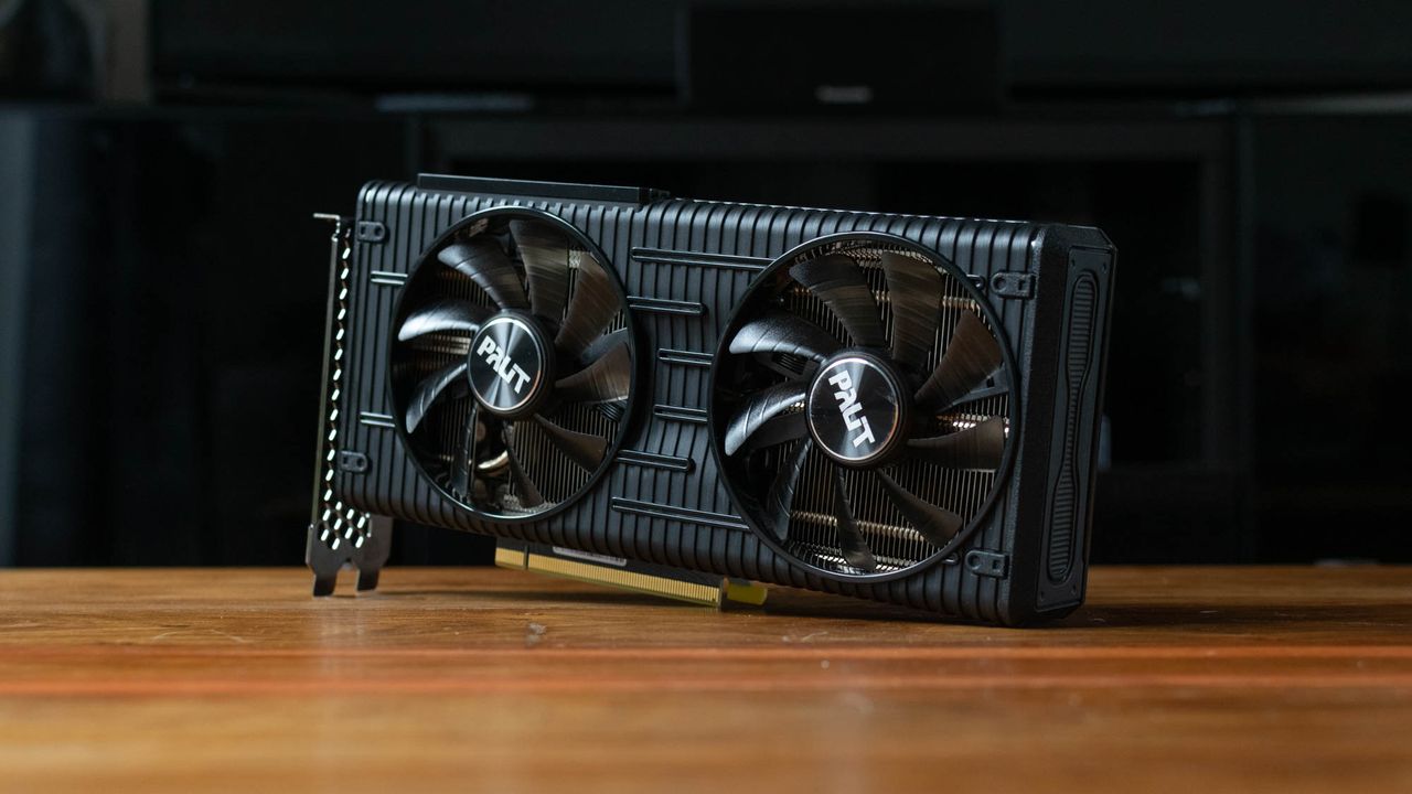 A photograph of the Palit RTX 3060 Dual on its side