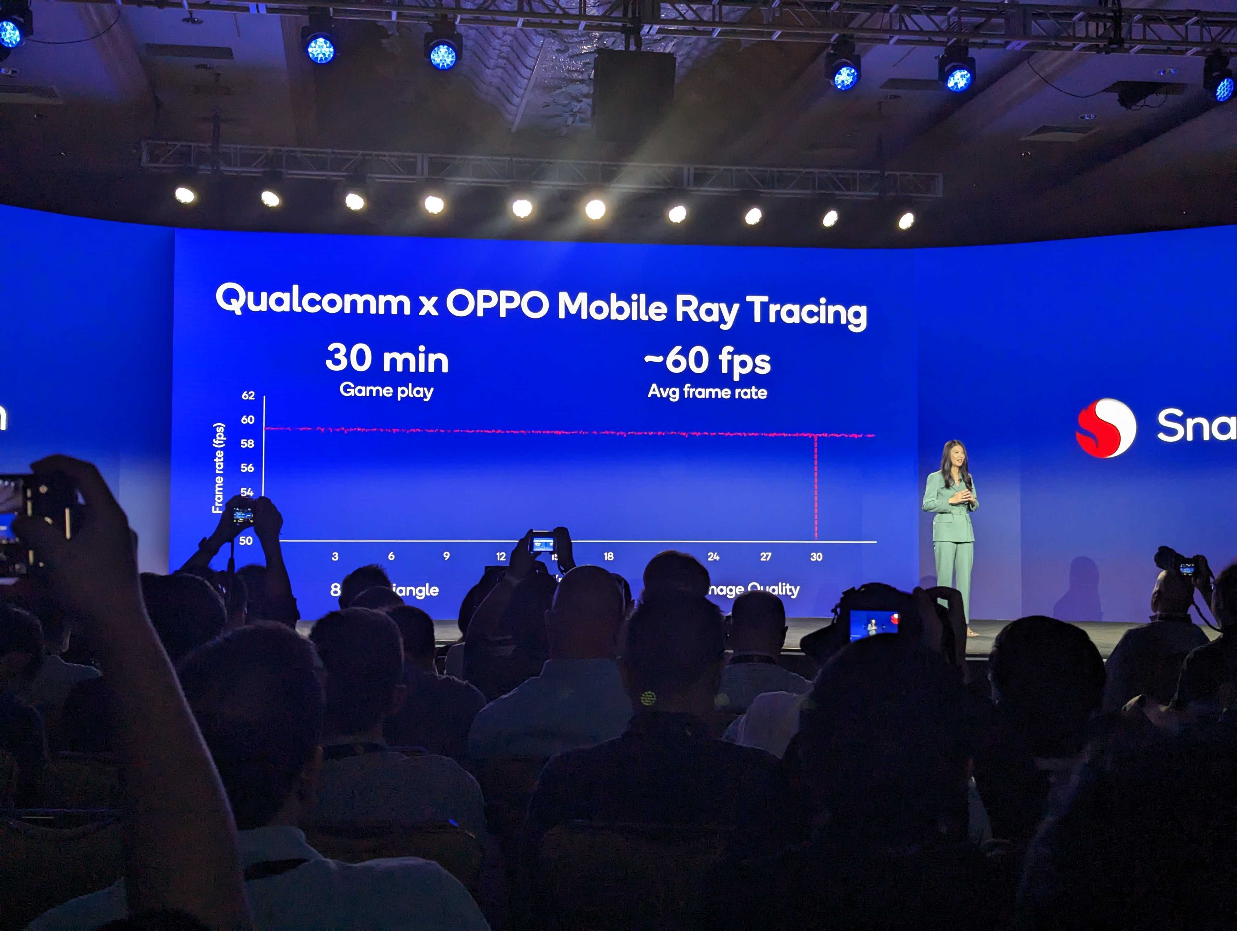 Oppo's Jane Tian on stage at the Qualcomm Snapdragon Summit 2022, talking about Oppo's 8 Gen 2 ray tracing tests