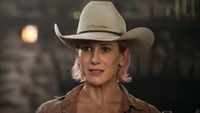 Jen Landon in an interview about Yellowstone. She's wearing a cowboy hat. 