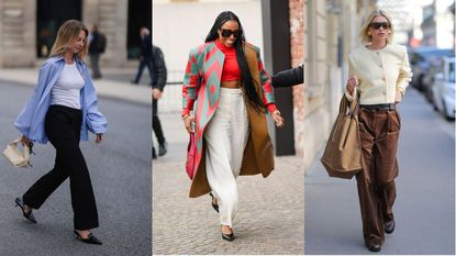 Street style influencers showing shoes to wear with wide leg pants