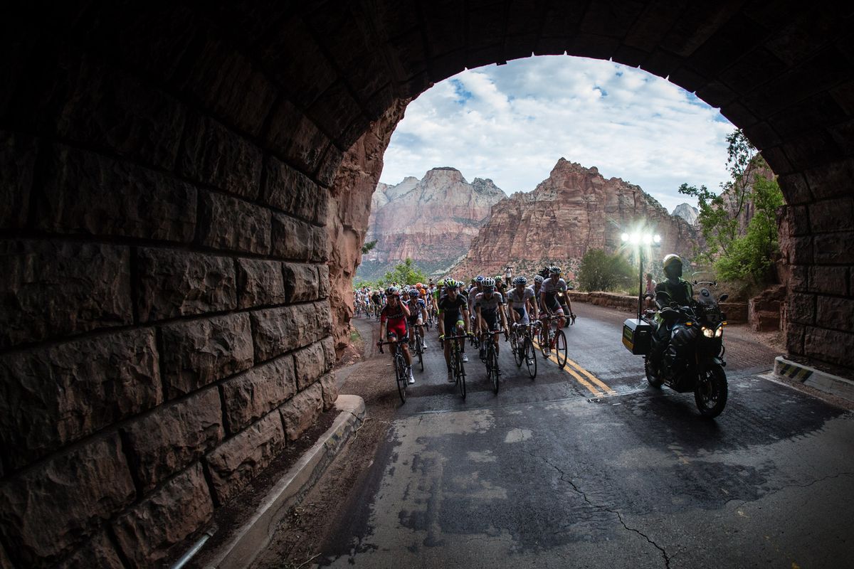 Extra lights were used to help riders through todays long tunnel