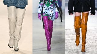 A composite of the fall winter shoe trends thigh high boots on the runway