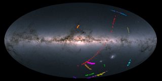 Location of the stars in the dozen streams as seen across the sky. The background shows the stars in our Milky Way from the European Space Agency’s Gaia mission.