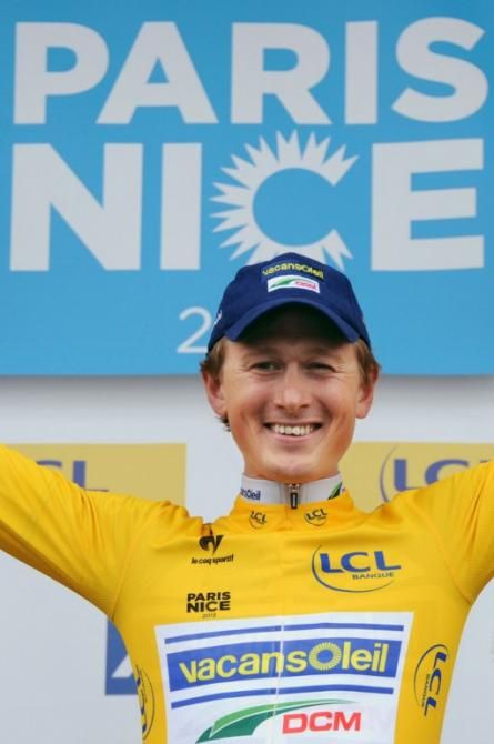 Gustav Larsson celebrates victory in the Paris-Nice prologue.