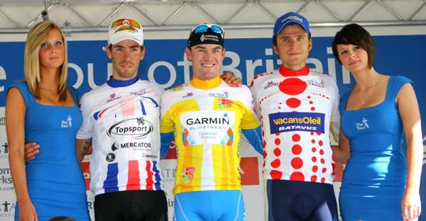 The jersey wearers. Sprints: Thomas De Gendt (Topsport Vlaanderen), Race Leader: Chris Sutton (Garmin-Slipstream) and Mountains: Martin Mortensen (Vacansoleil)