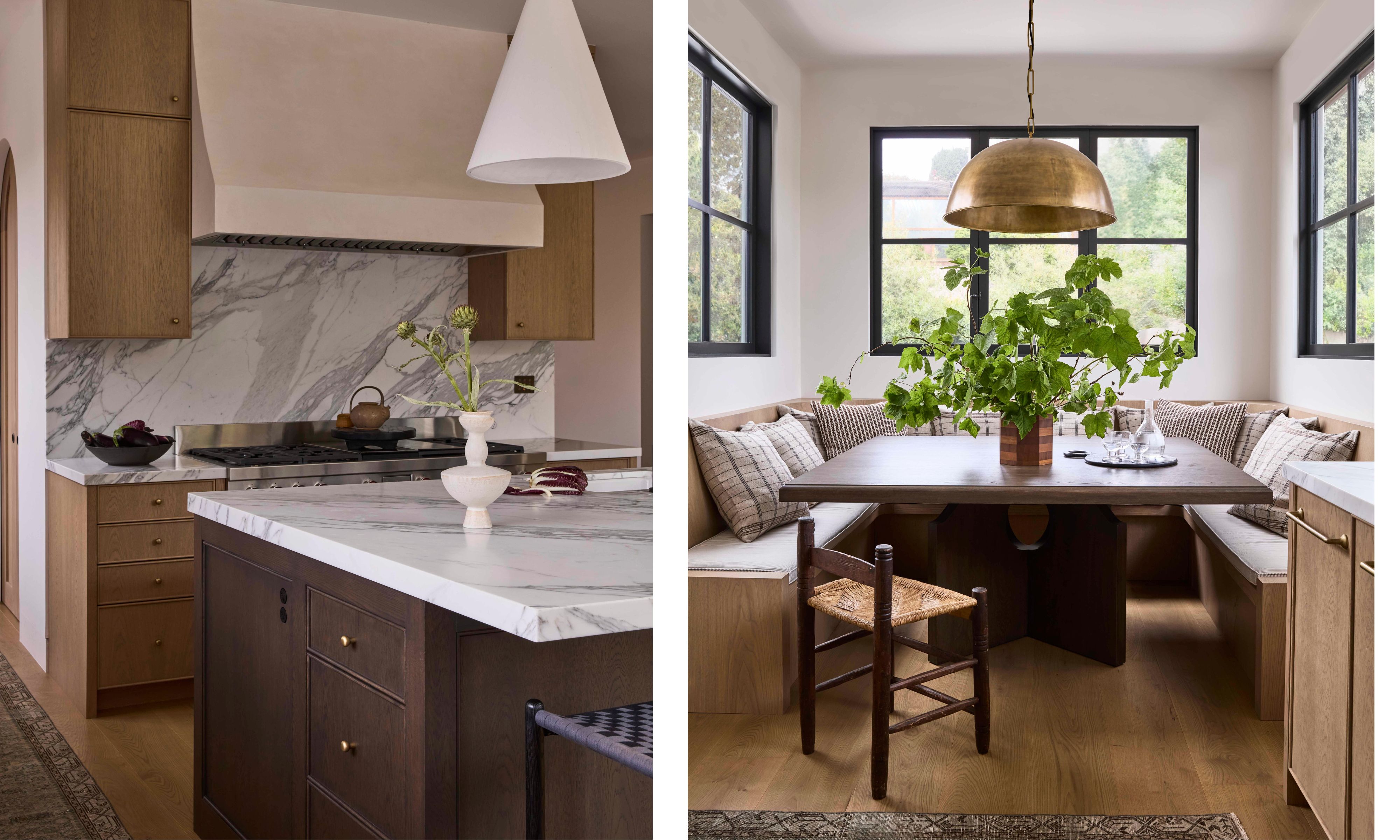 two side by side images of a wabi sabi kitchen and breakfast nook
