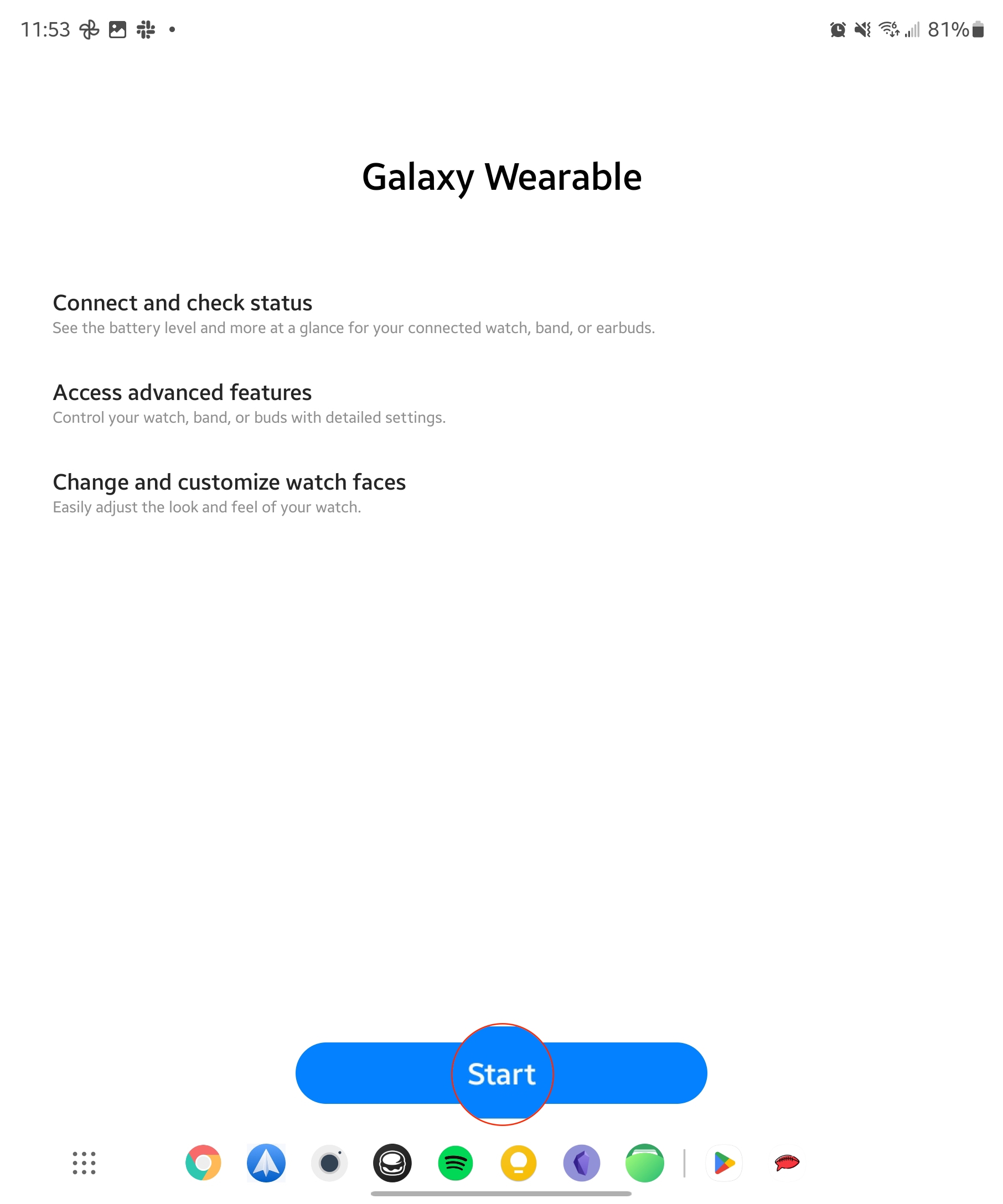 Galaxy Giyilebilir uygulama başlangıç ​​ekranı
