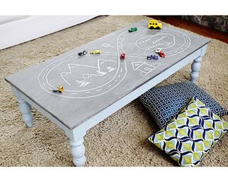 Grey upcycled coffee table with chalkboard decor