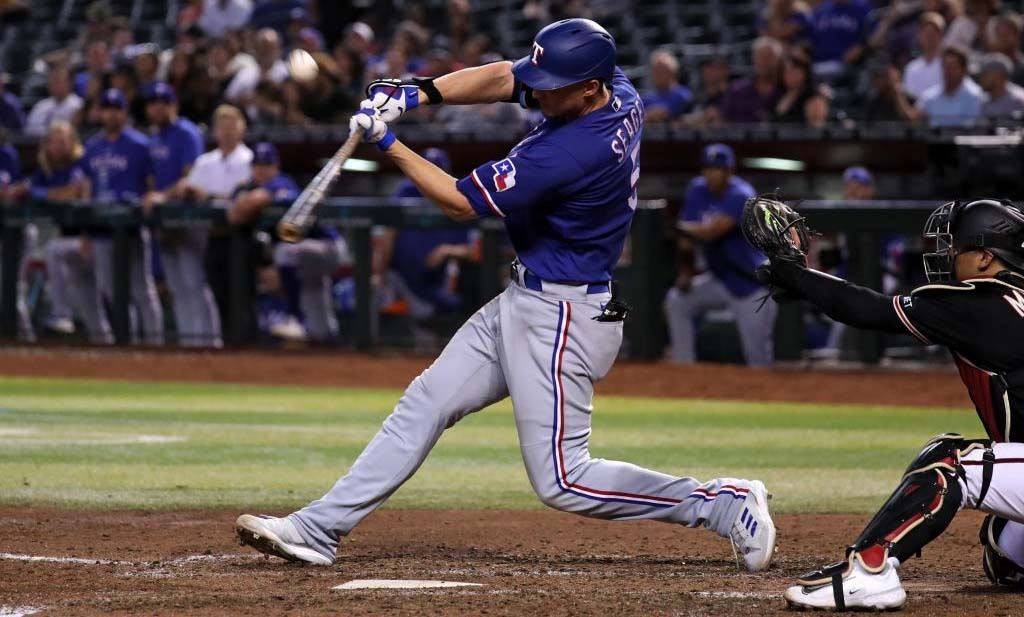 Texas Rangers shortstop Corey Seager (5) at the plate during a baseball game between the Texas Rangers and the Arizona Diamondbacks on August 22nd, 2023