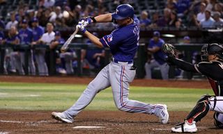 Texas Rangers shortstop Corey Seager (5) at the plate during a baseball game between the Texas Rangers and the Arizona Diamondbacks on August 22nd, 2023