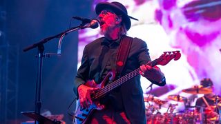  Les Claypool of Primus performs at Michigan Lottery Amphitheatre on July 16, 2025 in Sterling Heights, Michigan