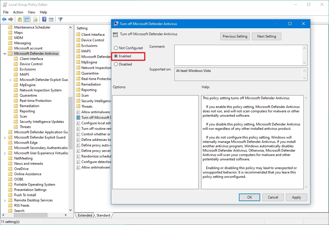 Disable Defender Antivirus Policy permanently on Windows 10