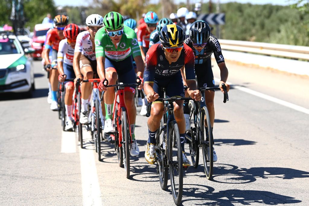 SIERRA DE LA PANDERA SPAIN SEPTEMBER 03 Richard Carapaz of Ecuador and Team INEOS Grenadiers competes in the breakaway during the 77th Tour of Spain 2022 Stage 14 a 1603km stage from Montoro to Sierra de La Pandera 1815m LaVuelta22 WorldTour on September 03 2022 in Sierra de La Pandera Spain Photo by Tim de WaeleGetty Images