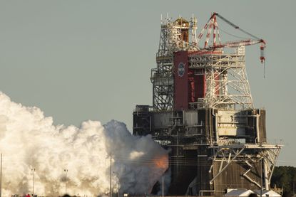 NASA's first Space Launch System core booster ignites its four main engines at the Stennis Space Center near Bay St. Louis, Mississippi on Jan. 16, 2020. Expected to last 8 minutes, the test lasted just over 1 minute.