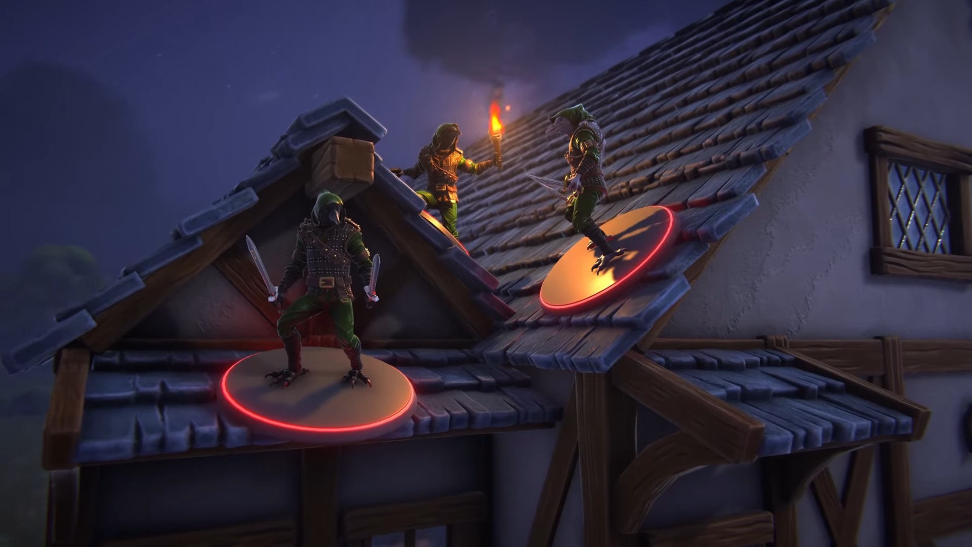 Avian dual daggers assassin guys one with torch on building roof at night in Pathfinder: The Dragon's Demand.