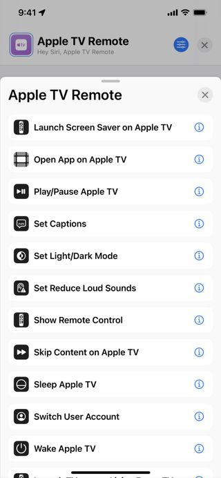 Screenshot of the Apple TV Remote actions on iPhone