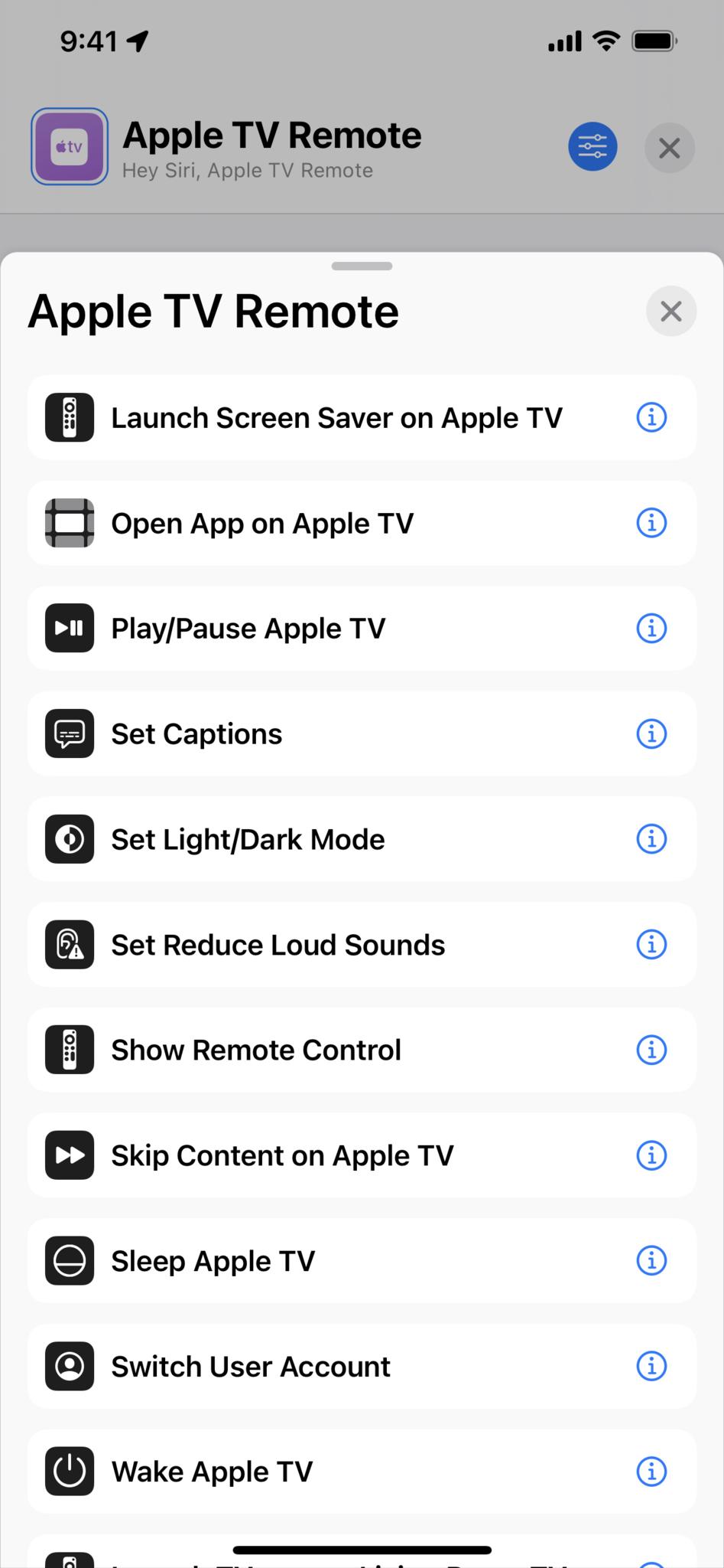 Скриншот действий Apple TV Remote на iPhone