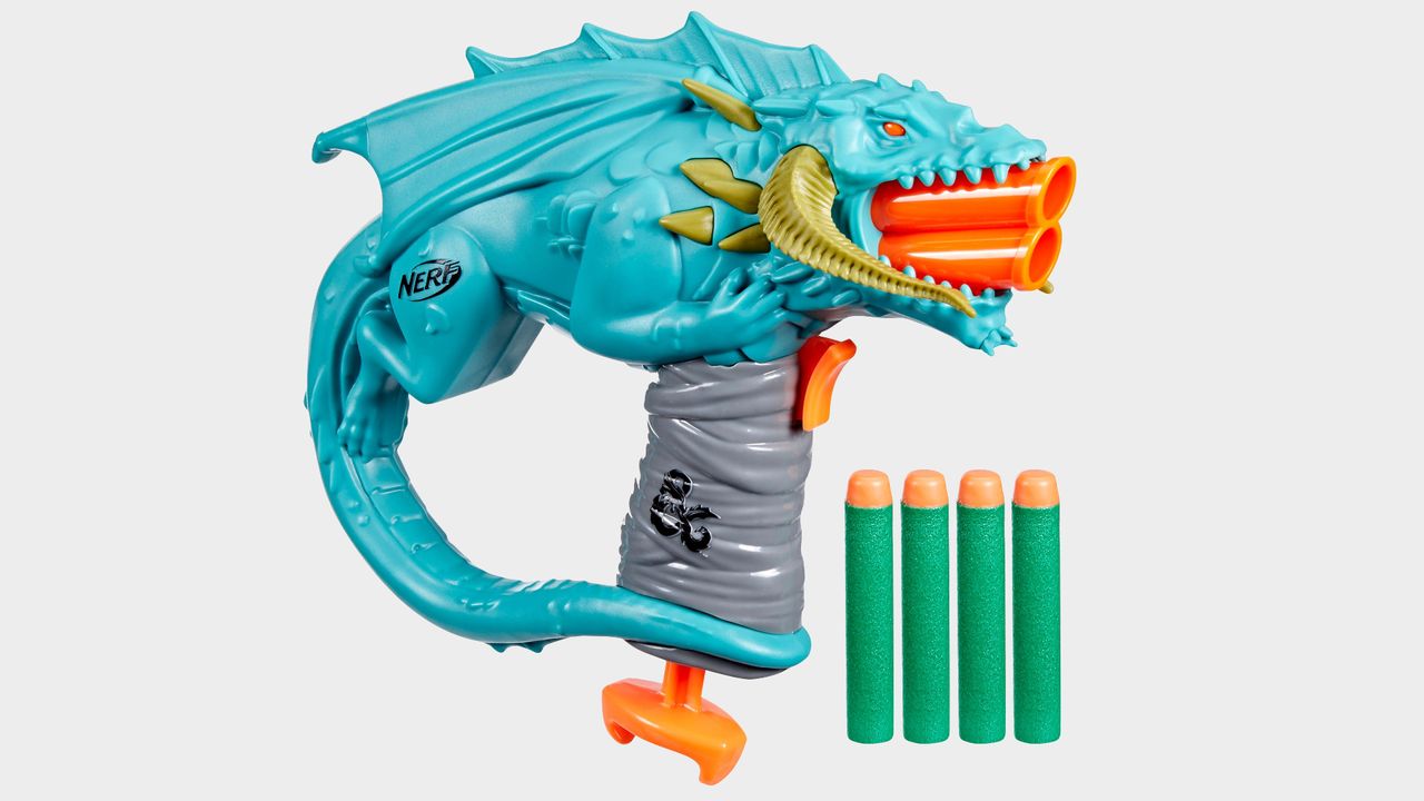 Nerf Dungeons &amp; Dragons Rakor blaster and darts on a plain background