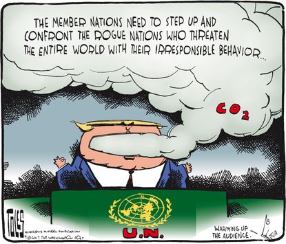 Political cartoon U.S. Trump UN speech climate change