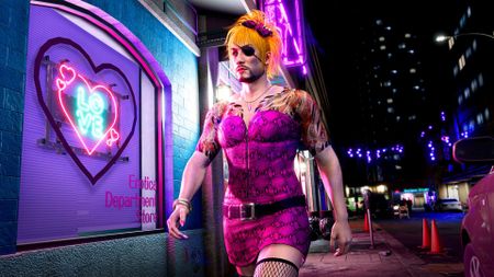 Like a Dragon: Pirate Yakuza in Hawaii screenshot showing Majima in drag