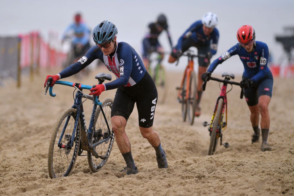 OOSTENDE BELGIUM JANUARY 30 Katherine Compton of The United States and Rebeca Gariboldi of Italy during the 72nd UCI CycloCross World Championships Oostende 2021 Women Elite a 146km UCICX CXWorldCup Ostend2021 CX on January 30 2021 in Oostende Belgium Photo by Luc ClaessenGetty Images